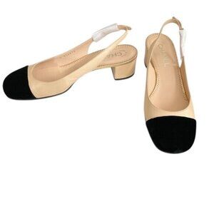 CHANEL Interlocking TWO tone beige Leather Slingback Pumps heels SZ37.5 US7